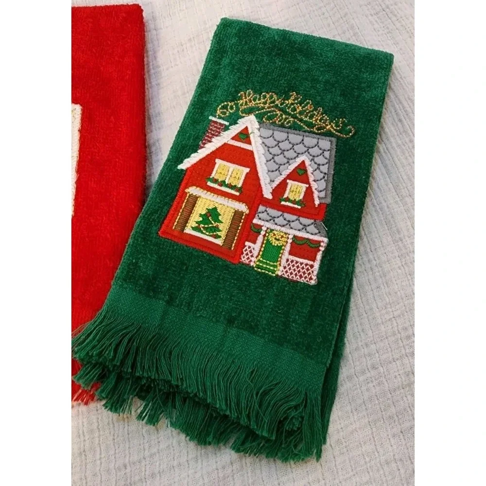Vintage Lot of‎ 4 RED GREEN Terry Christmas Hand Towels Candle Reindeer Noel